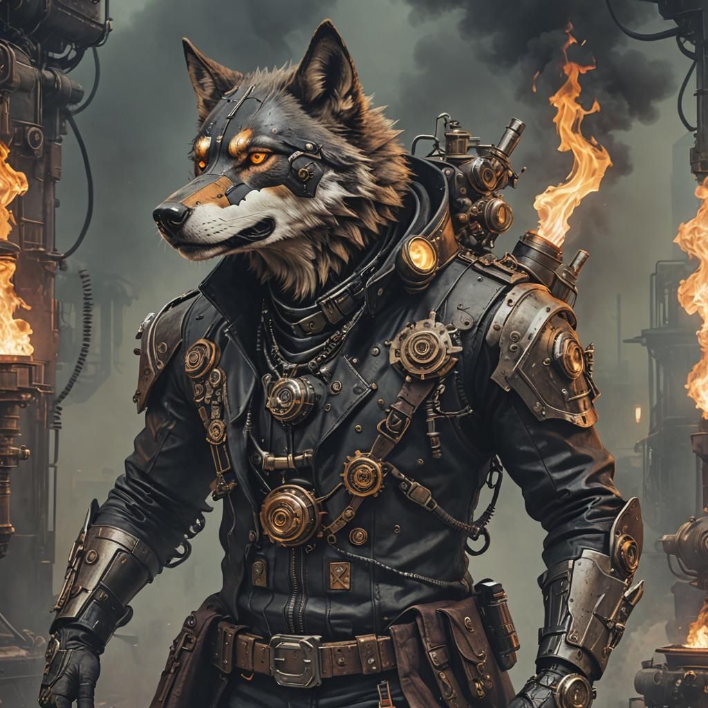 Cyberpunk Steampunk Pyromanzer Wolf Character