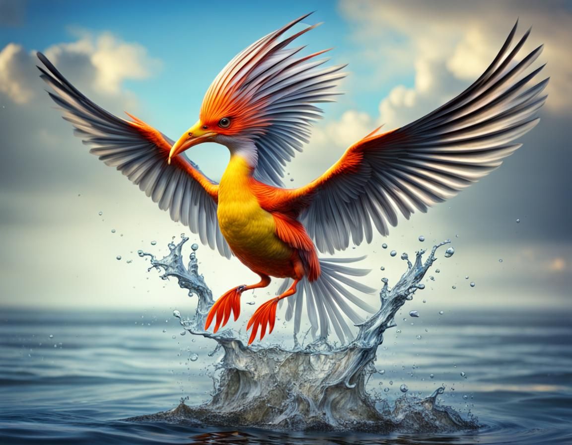 Fantastical Fishbird Leaping from Water in HDR