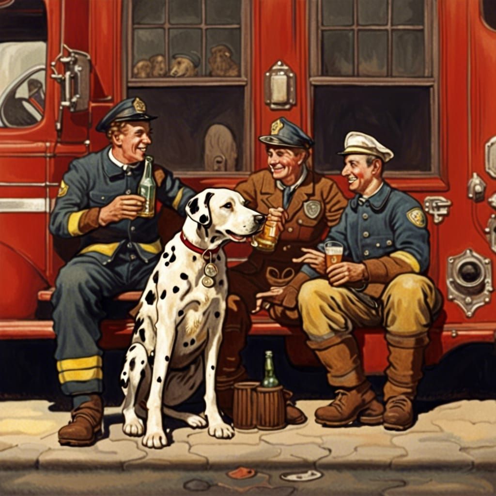 Firemen Enjoying Beer Break in Americana Style