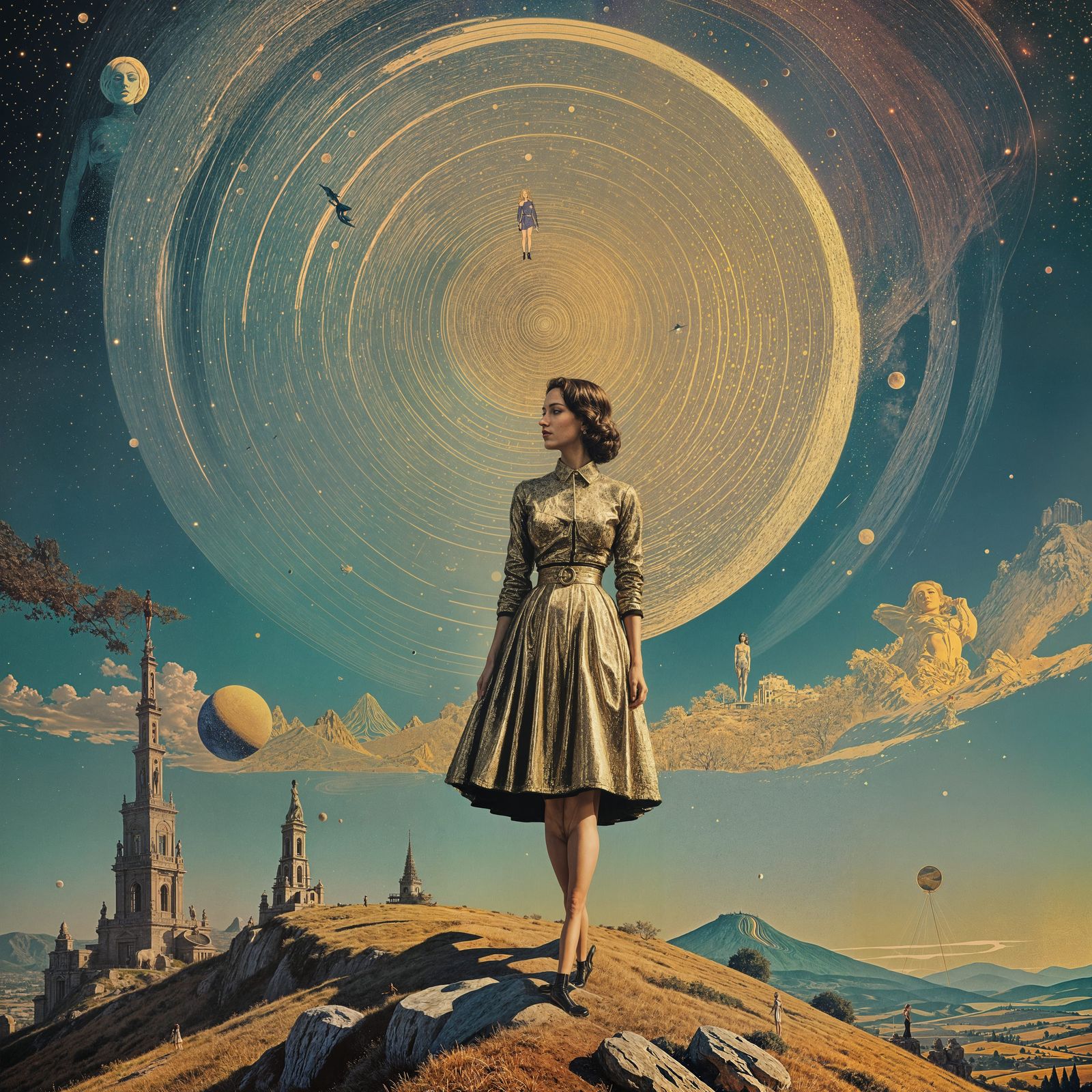 Femme Fatale on a Hill Under Saturn in Pop Art