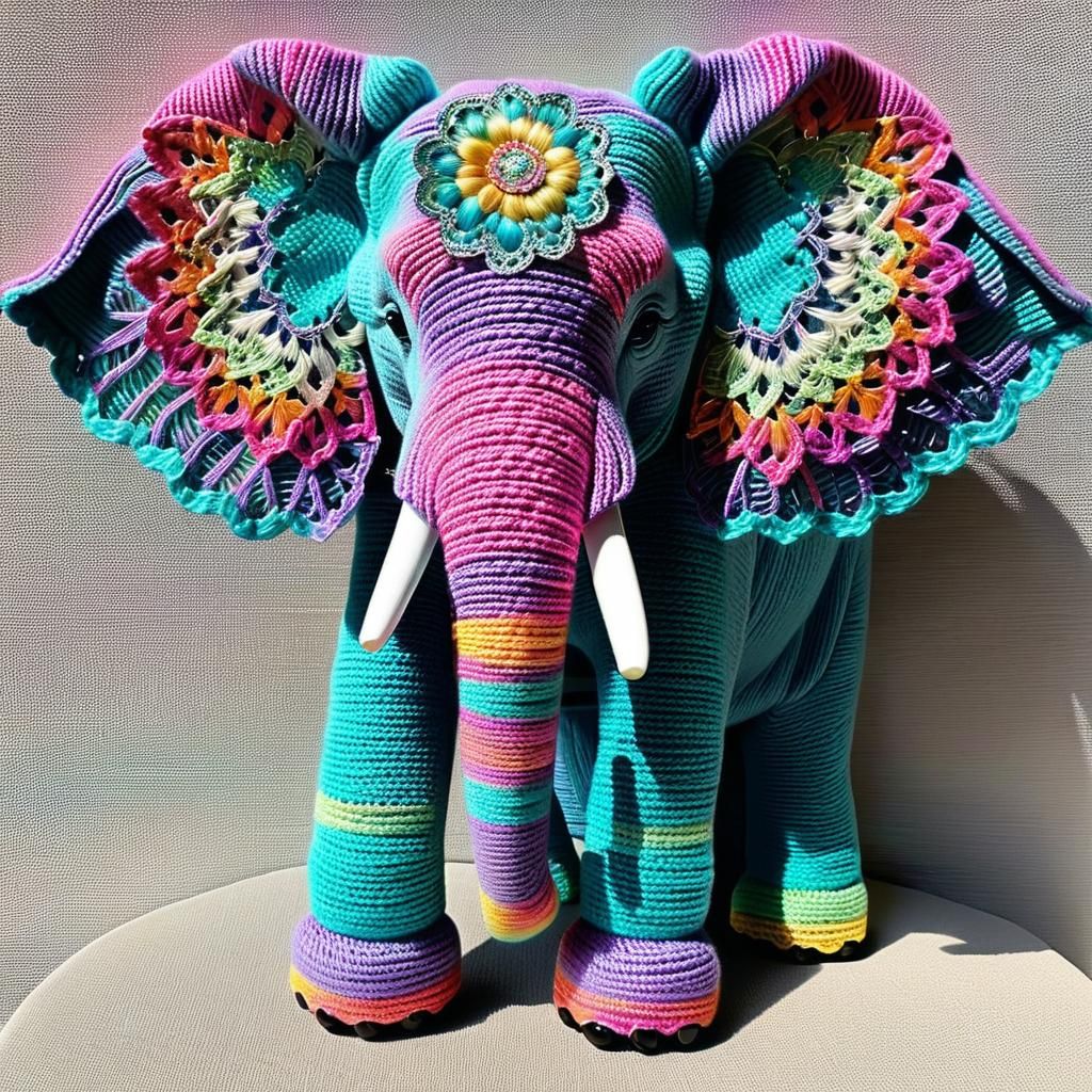 Rainbow Yarn Elephant Crochet Artwork