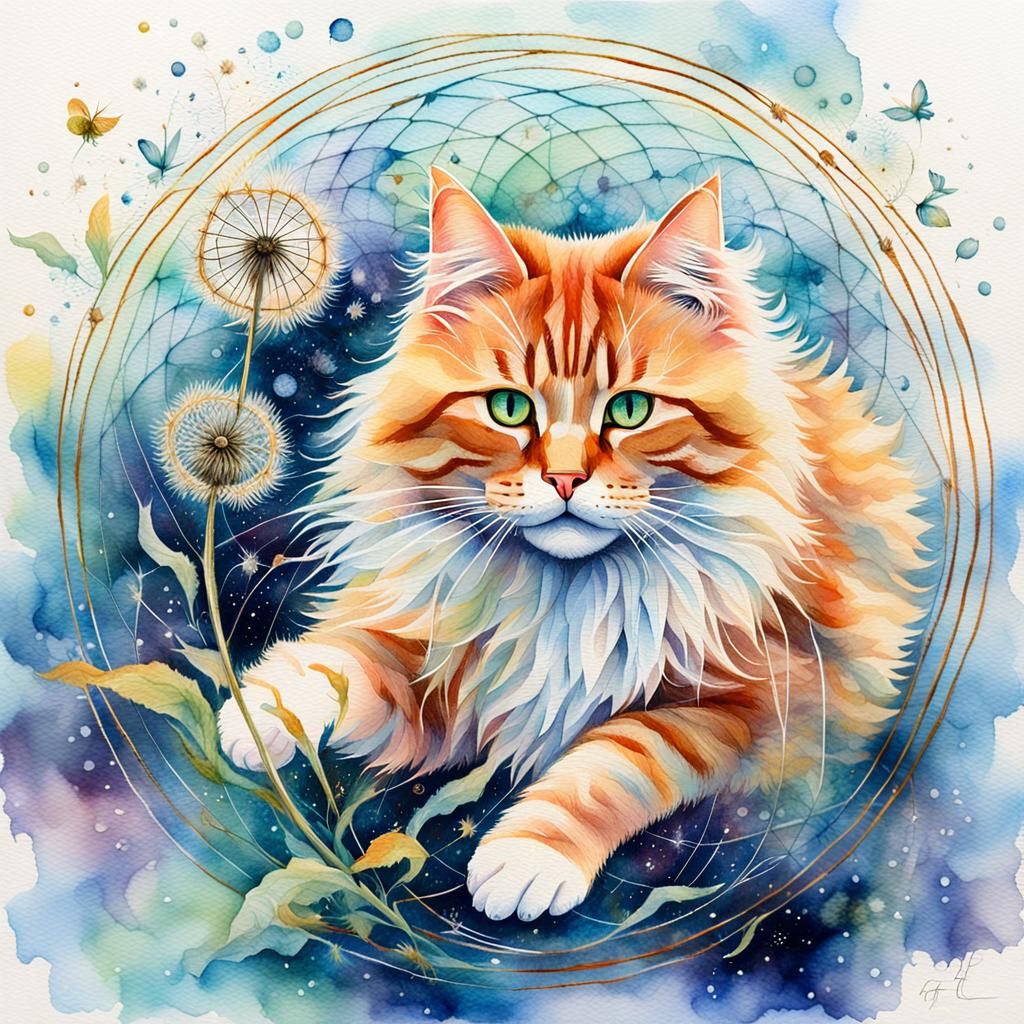 Cosmic Cat with Dandelion Seeds in Aquarelle Painting
