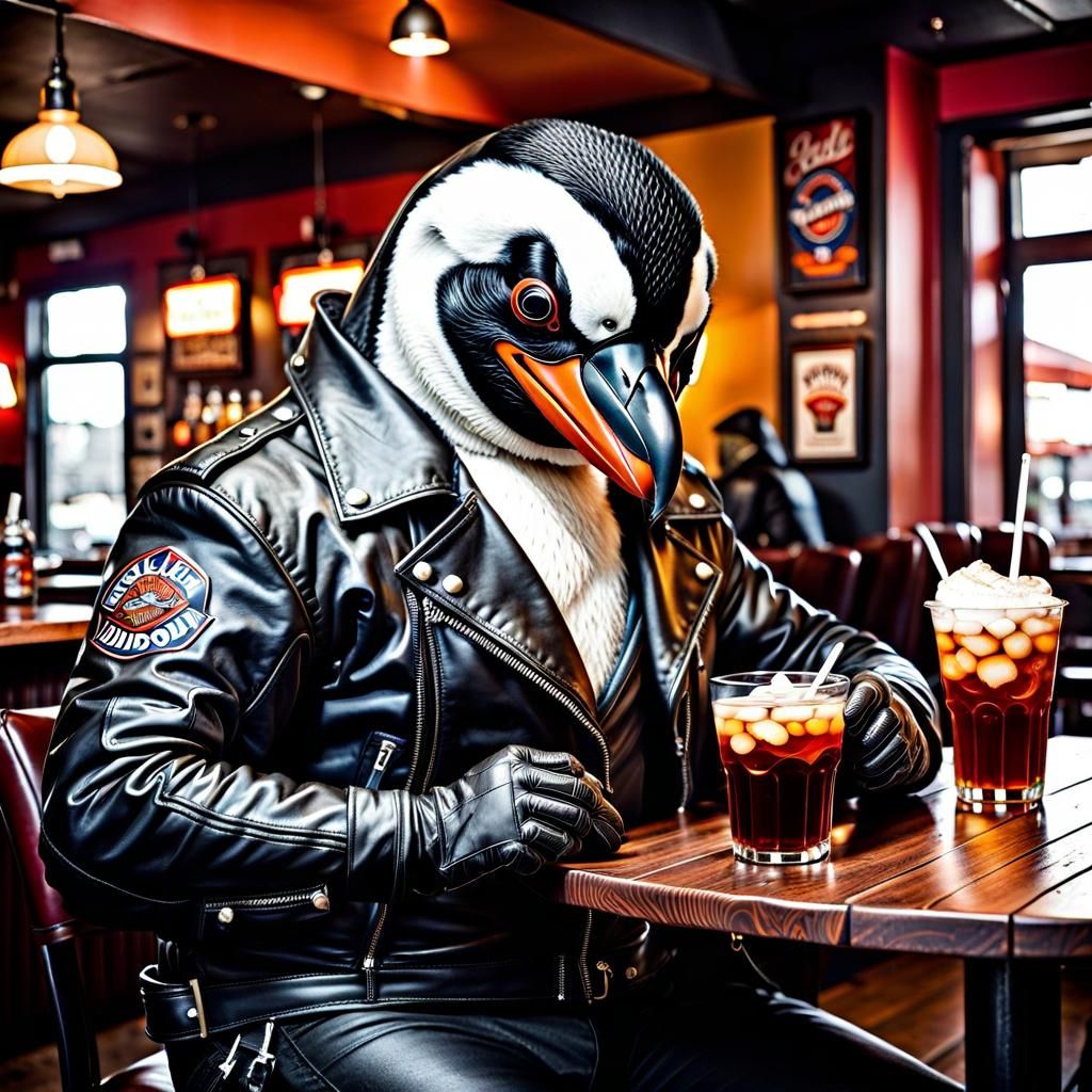 Penguin Biker Cartoon in Pen and Ink