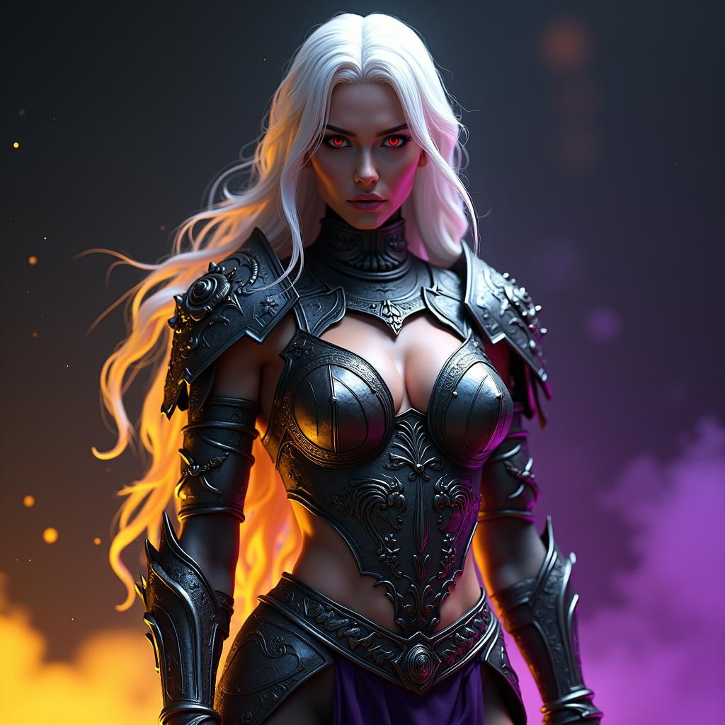 Armored Dhampir Woman in Ornate Iron Armor