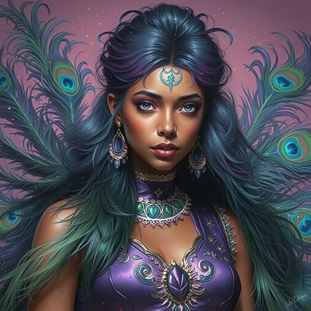 Iridescent Woman with Peacock Feathers, Digital Art