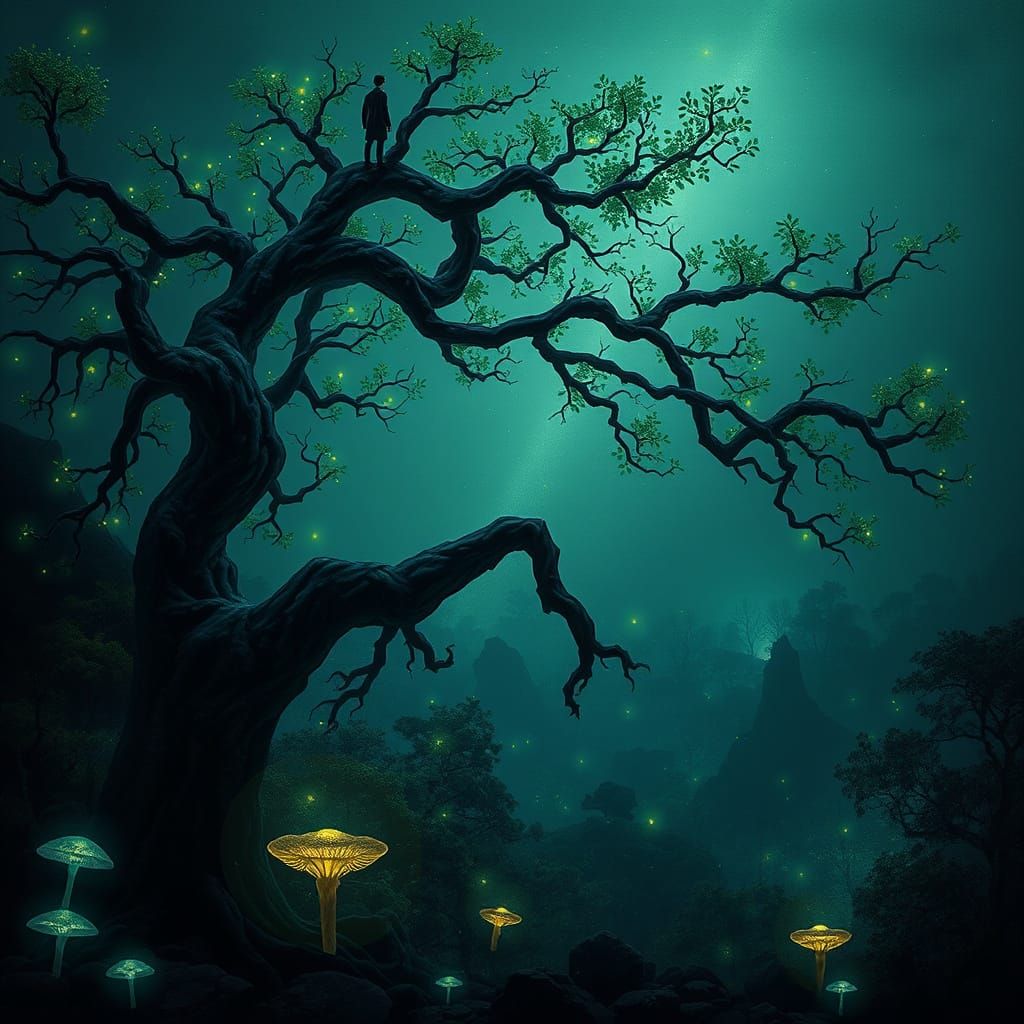 Twilight Forest: Bioluminescent Flora and Ancient Tree