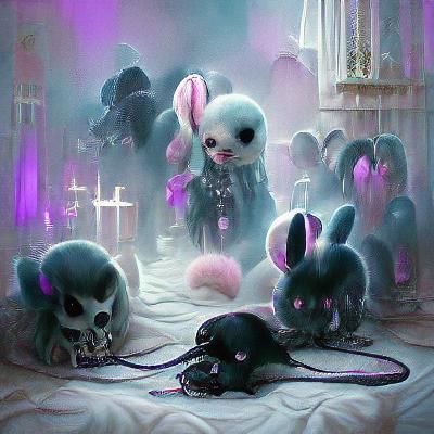 Pastel Goth Scene with Skulls and Bunnies