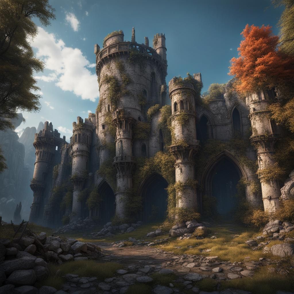 Medieval Castle Ruins in Detailed Matte Painting