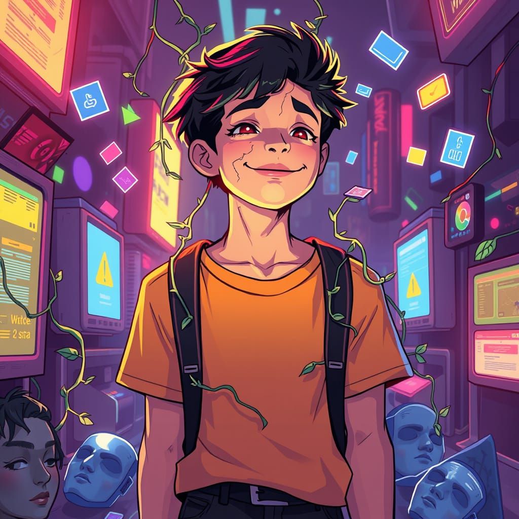 Digital Sadness: Glowing Screens and Shattered Masks