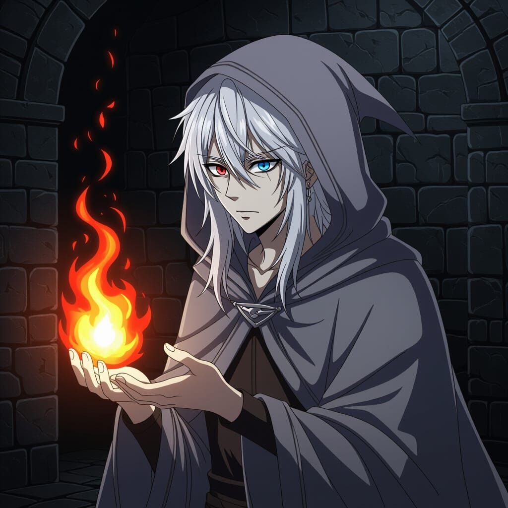Anime Mage Conjures Fireball in Shadowy Room