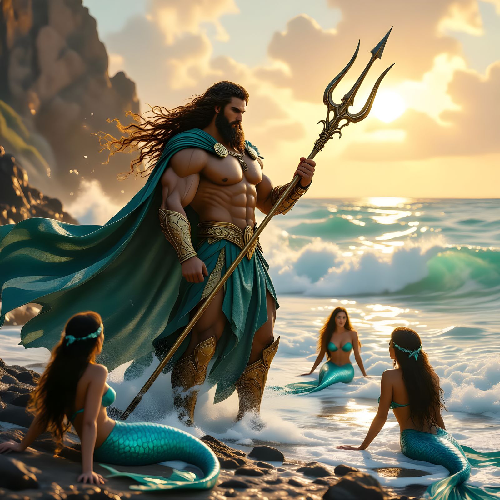 Poseidon on Rocky Shore with Mermaids