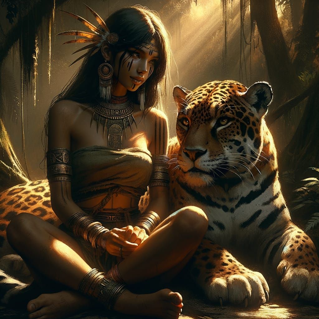 Fantasy Inca Woman & Jaguar in Golden Hour Jungle