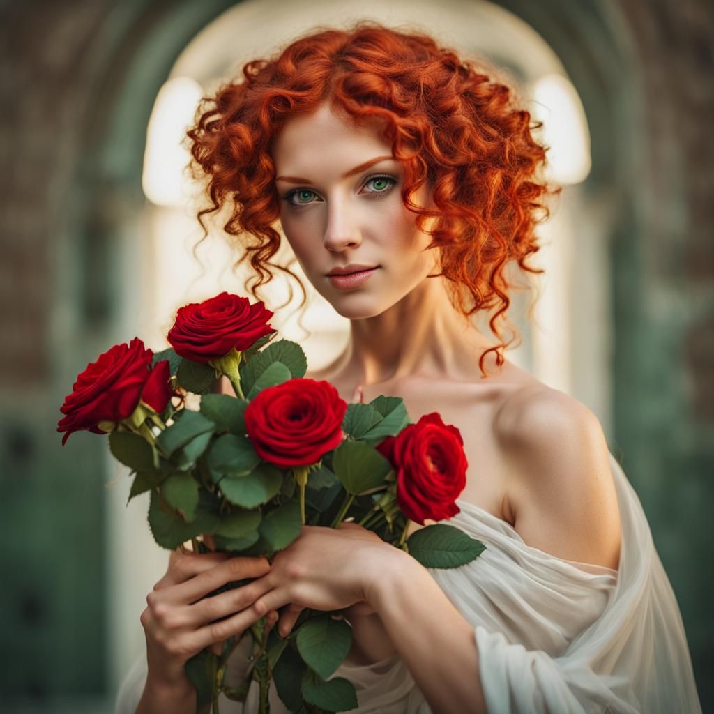 Ancient Greek Beauty with Red Roses