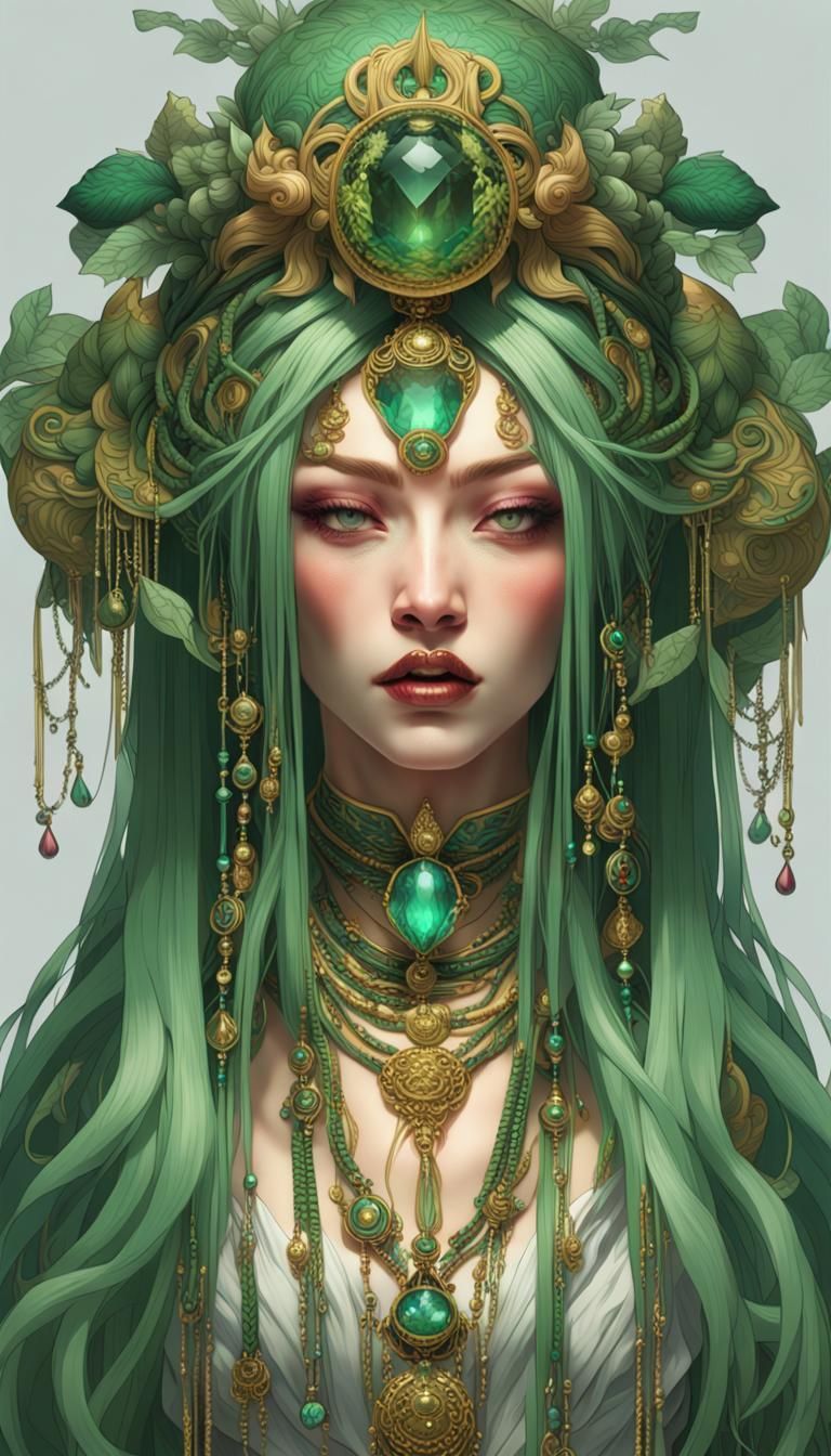 Ornate Empress with Green Hair: Fantasy Portrait