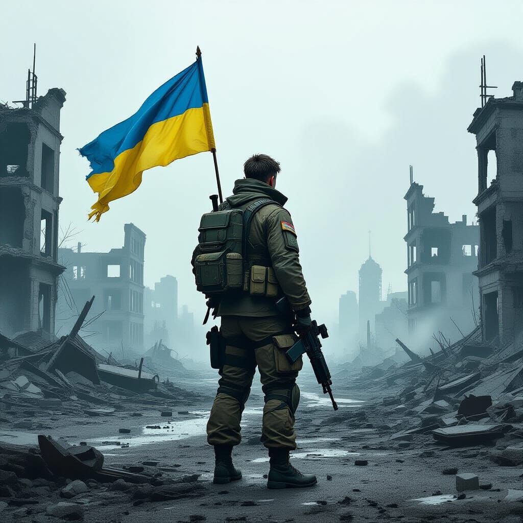 Victorious Ukrainian Soldier in Ruined Cityscape