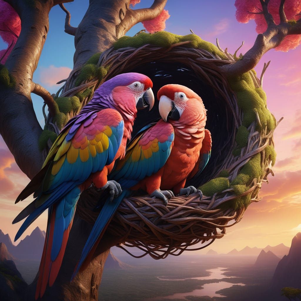 Parrots in Majestic Tree Nest Bask in Sunset Glory