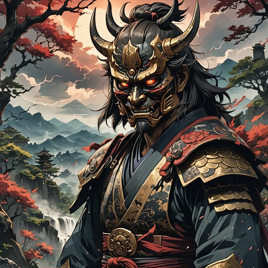 Samurai with Oni Mask in Anime Style