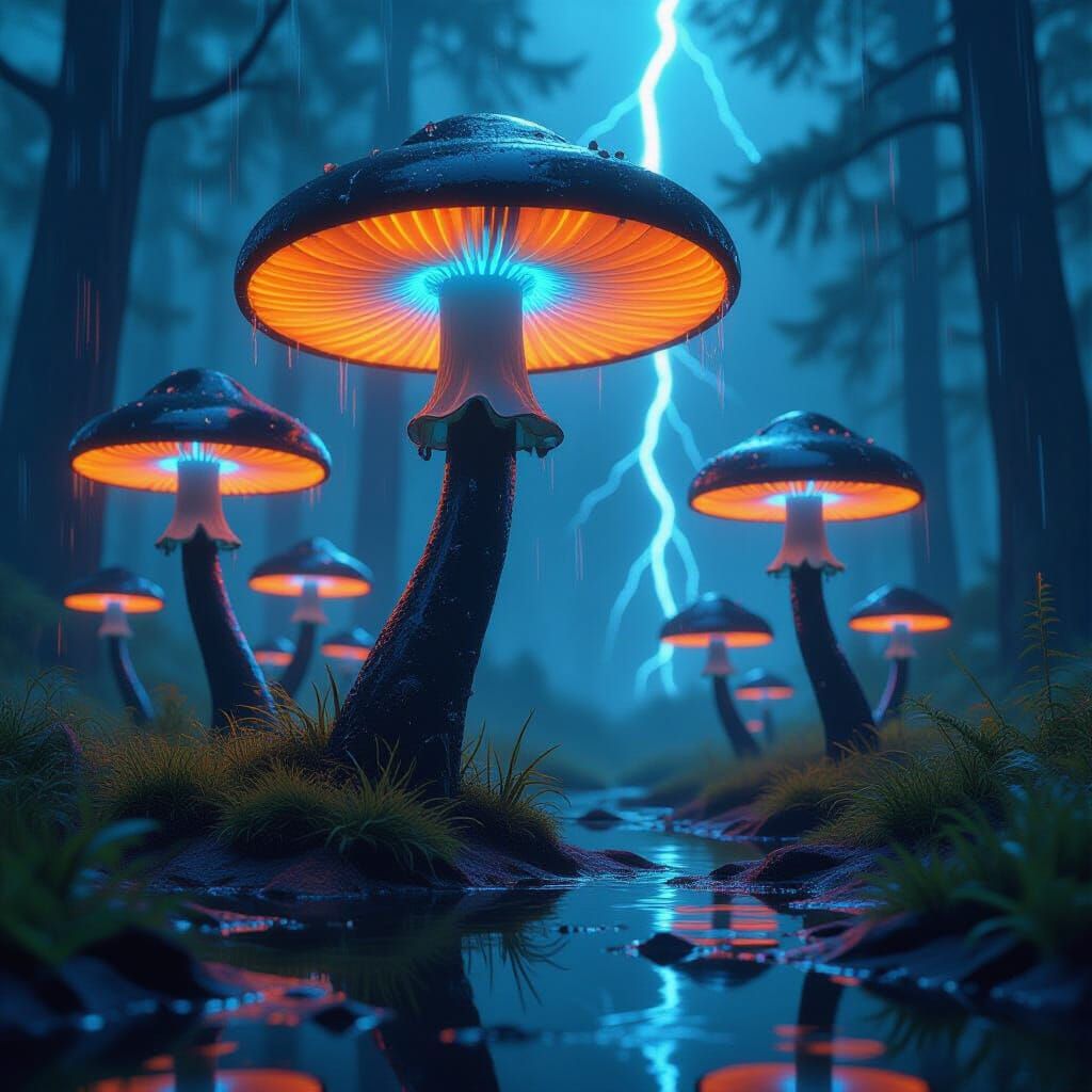 Cyberpunk Mushroom Forest with Neon Reflections