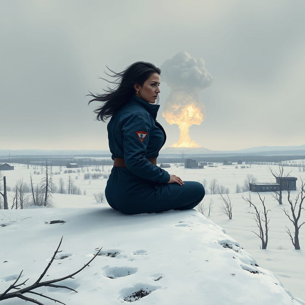 Resilient Woman Observes Nuclear Blast in Frozen Wasteland