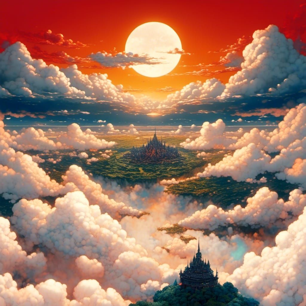 Fantasy Landscape with Floating Clouds, Digital Illustration