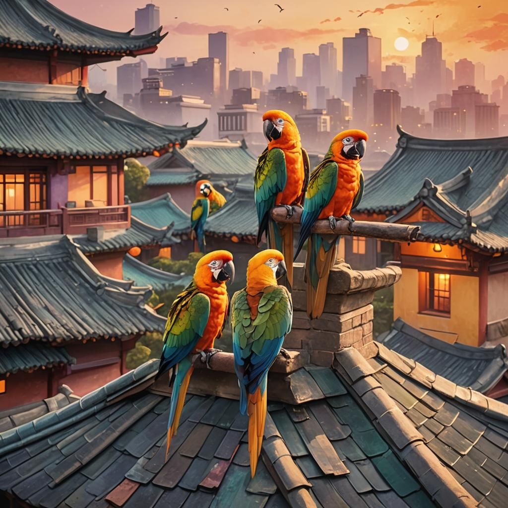 Parrots on Chinese Roof: Impressionist Concept Art