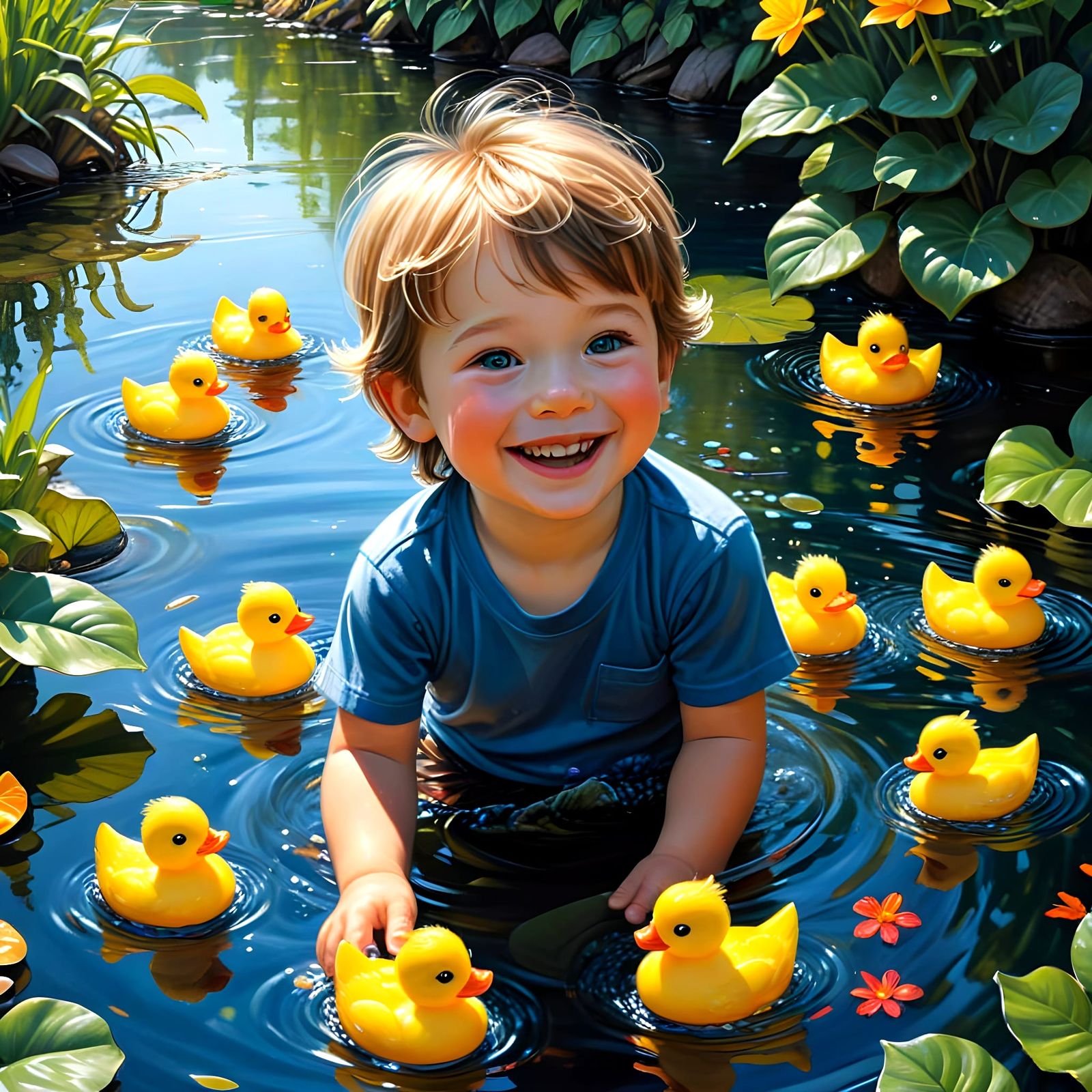 Vibrant Acrylic Painting of Happy Boy Playing with Yellow Ru...