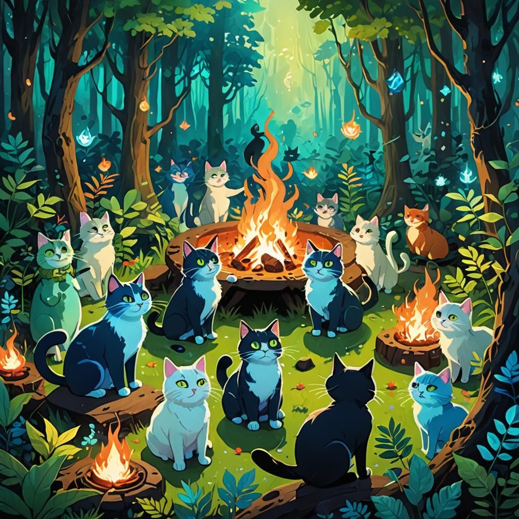 Cats are partying and having fun and dancing around the fire in a forest.