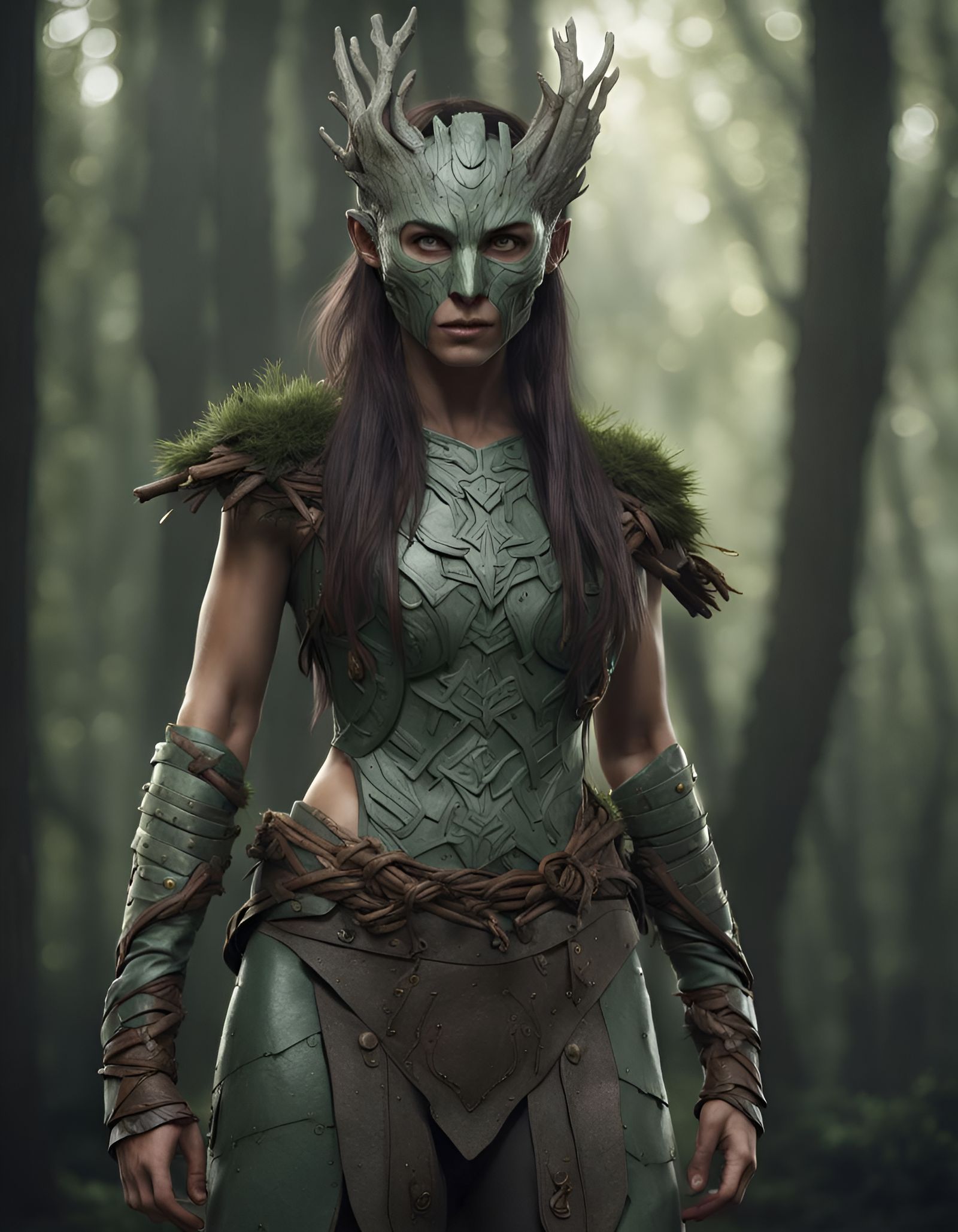 Druid Portrait with Groot Mask in Photorealistic Style