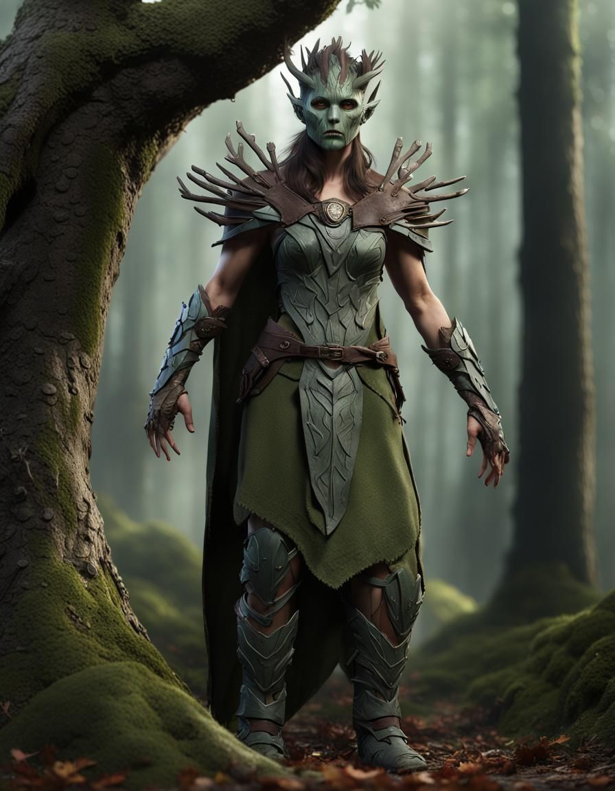 Photorealistic Druid Portrait with Groot Mask in Forest