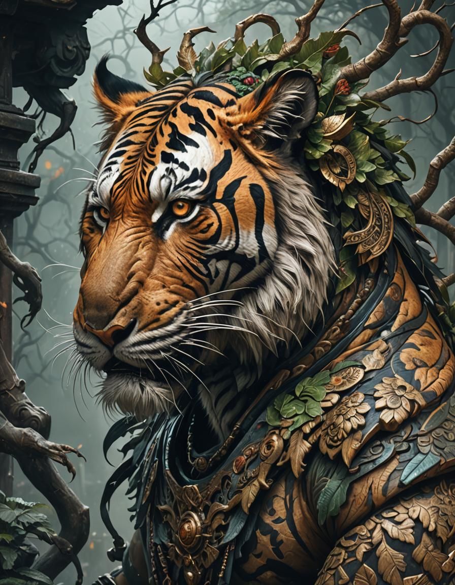 Fierce Tiger-Man Hybrid Portrait with Filigree Tattoos