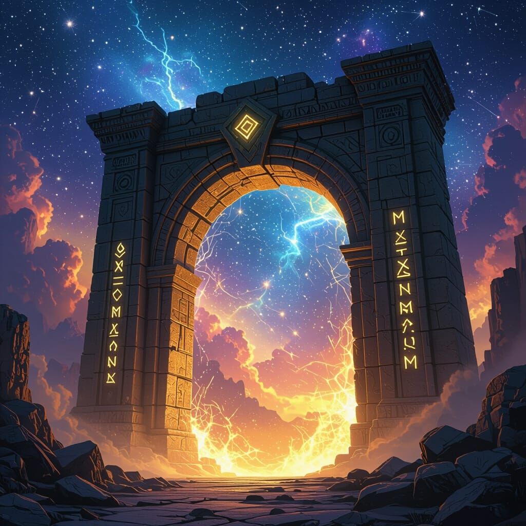 Ancient Stone Archway Portal in Nebula Sky