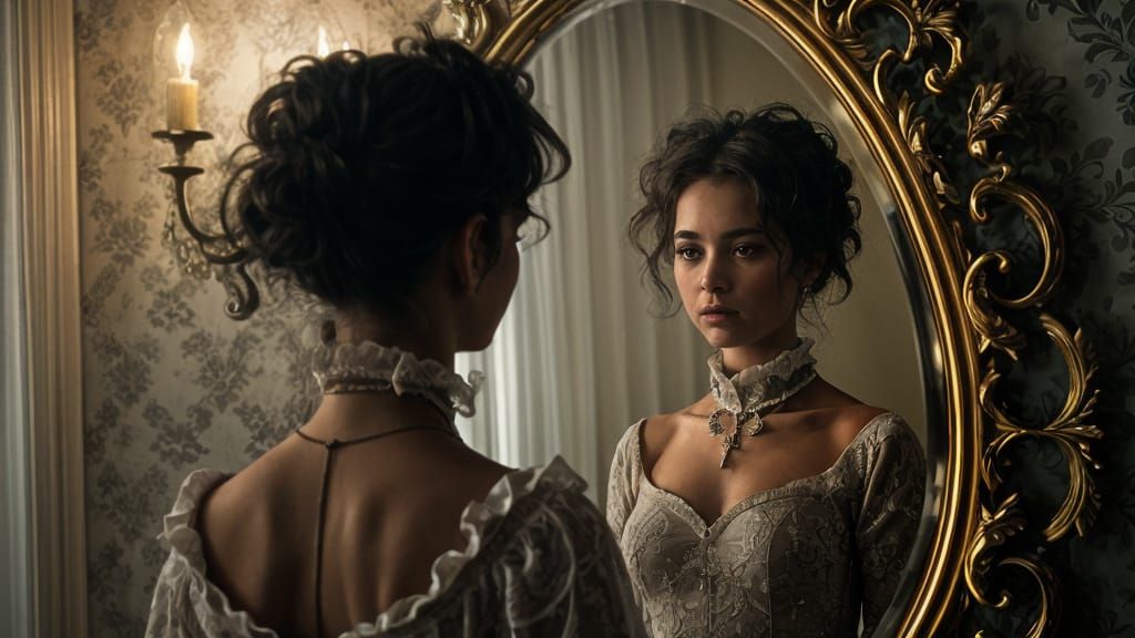 A Person Gazing into a Haunting, Ornate Mirror