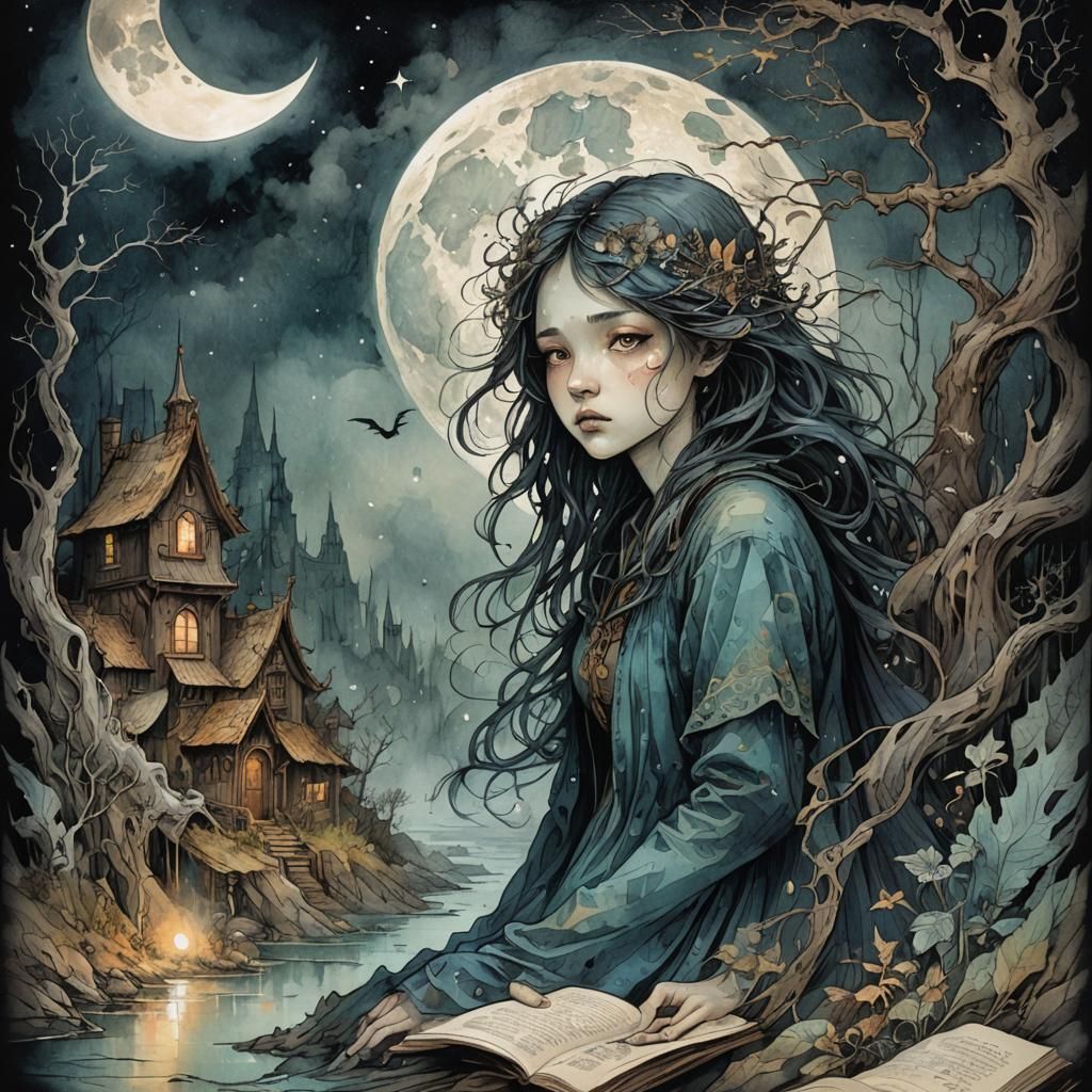 Ethereal Dark Fantasy Landscape in Watercolor Style