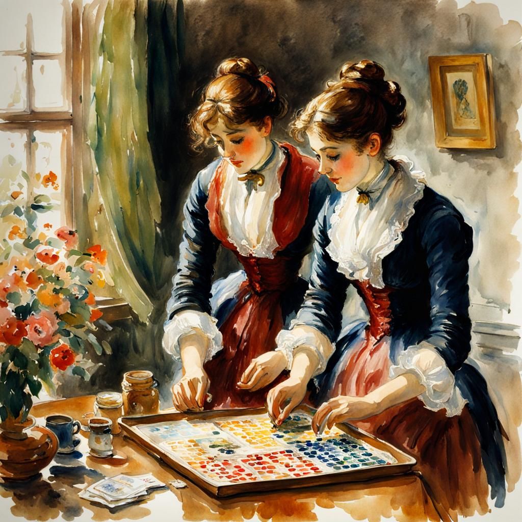Impressionistic Watercolor of Women Playing Games