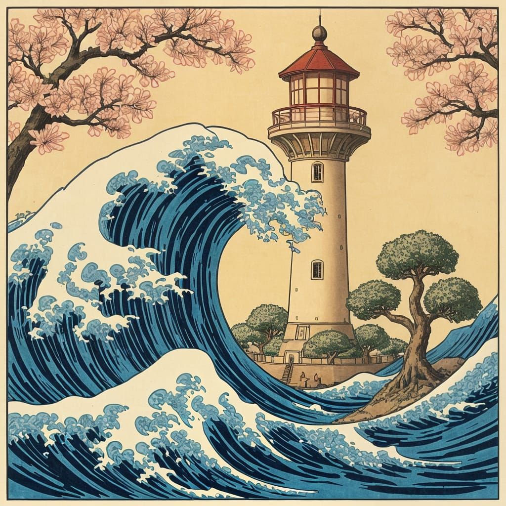 Lighthouse in Tsunami, Ukiyo-e Japanese Design