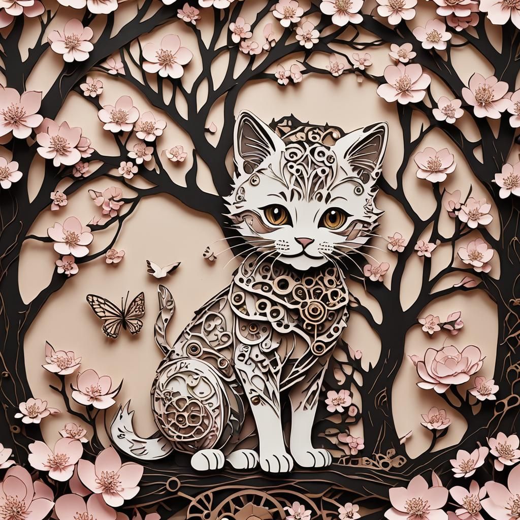 Papercut Kitten and Sakura Tree with Steampunk Engine