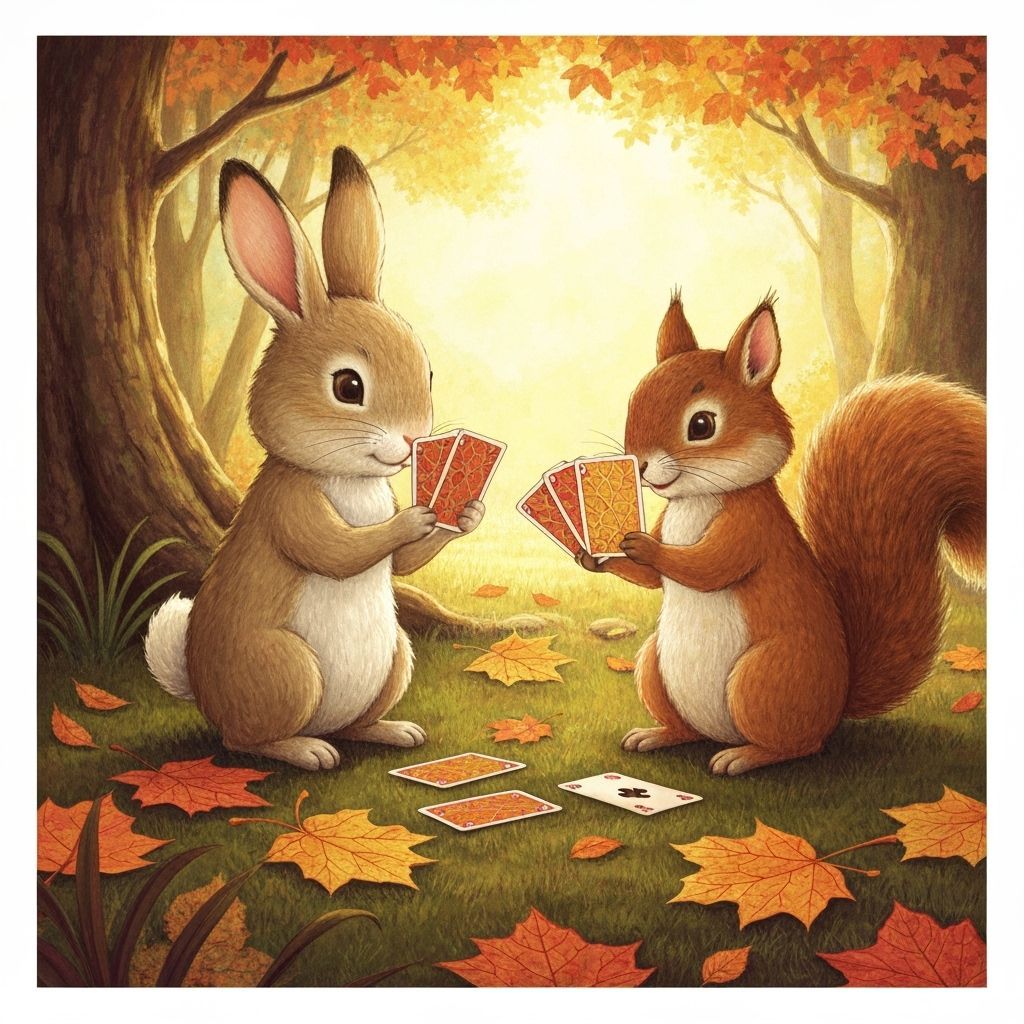 Cute Animals Play Cards in Autumn Forest