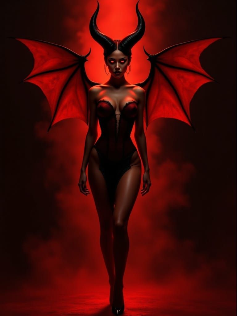 Demonic Woman in Shadows: A Dark Pin-Up Fantasy