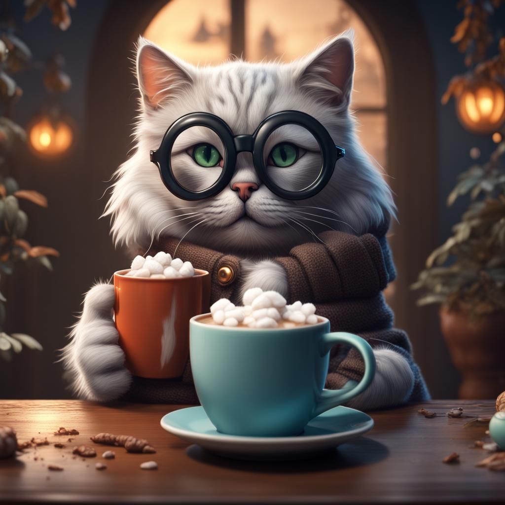 Cat with Glasses Drinking Cocoa, Detailed Painting