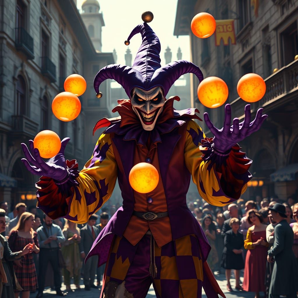 Dark Fantasy Jester in Vibrant Medieval Courtyard
