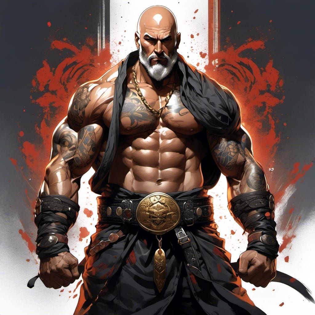 Anime Fighter with Tattoos and Championship Belt