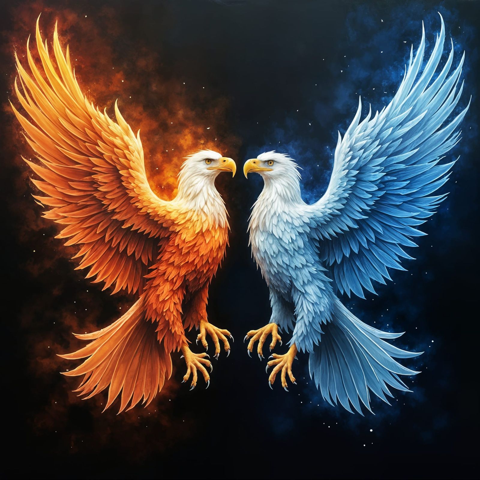 Fire and Ice Eagles Facing Off in Epic High-Contrast Paintin...