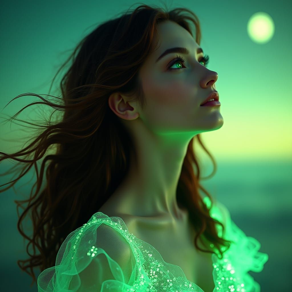 Woman with Green Eyes in Bioluminescent Gown