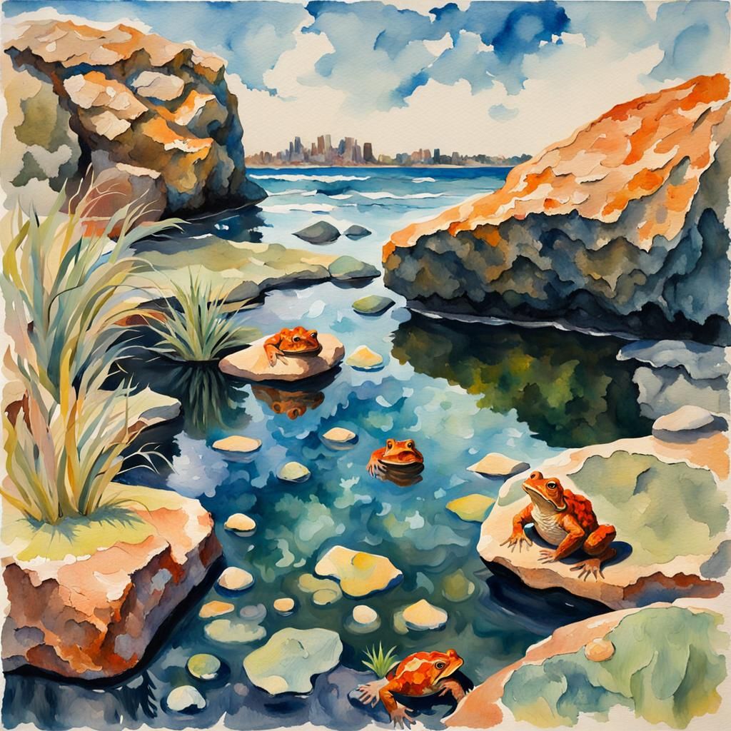 Toad at Rock Pool in Impressionist Gouache Style