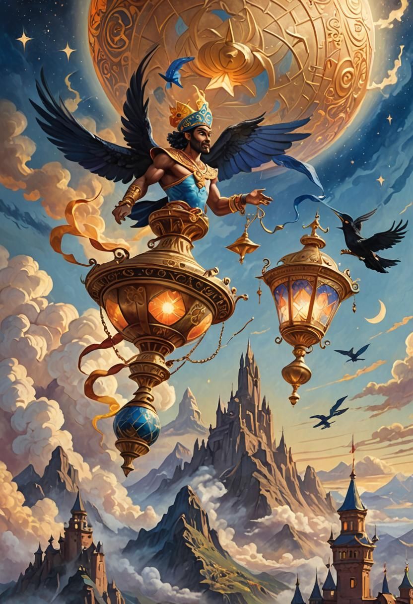 Genie's Flight with Raven, Fantasy Oil Painting