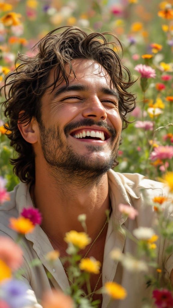 Hyper-Realistic Portrait of Man Laughing in Wildflower Field