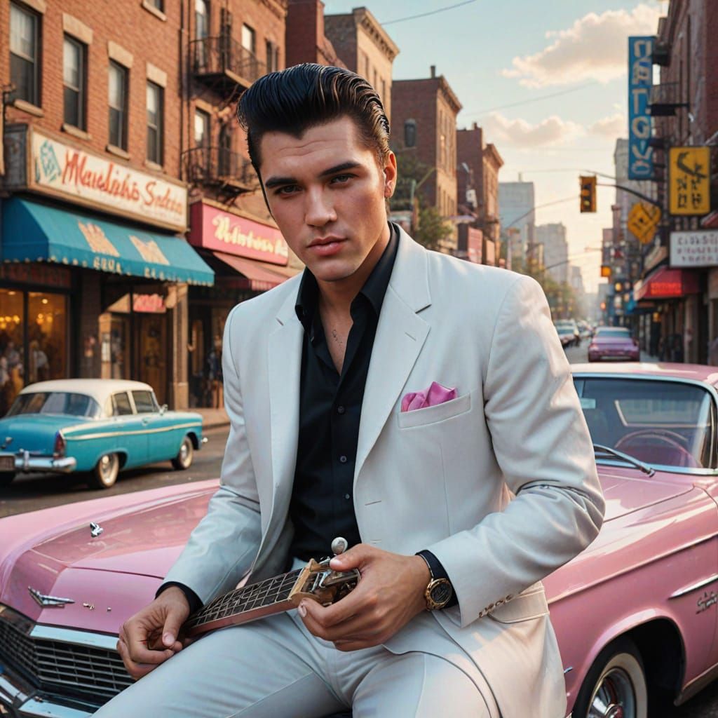 Rockstar Icon in Vibrant Pink Car, Dreamy 1960s Memphis City...