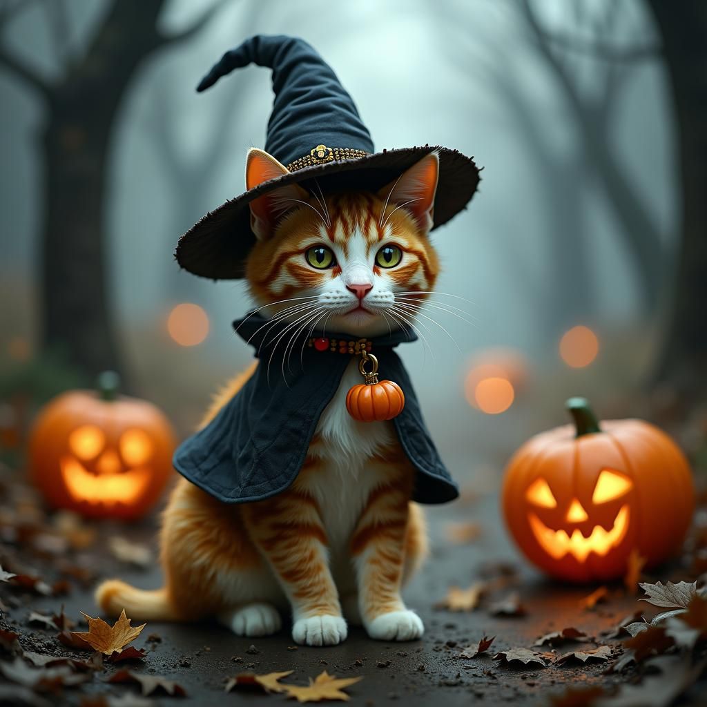 Whimsical Calico Cat Witch in Eerie Autumn Landscape