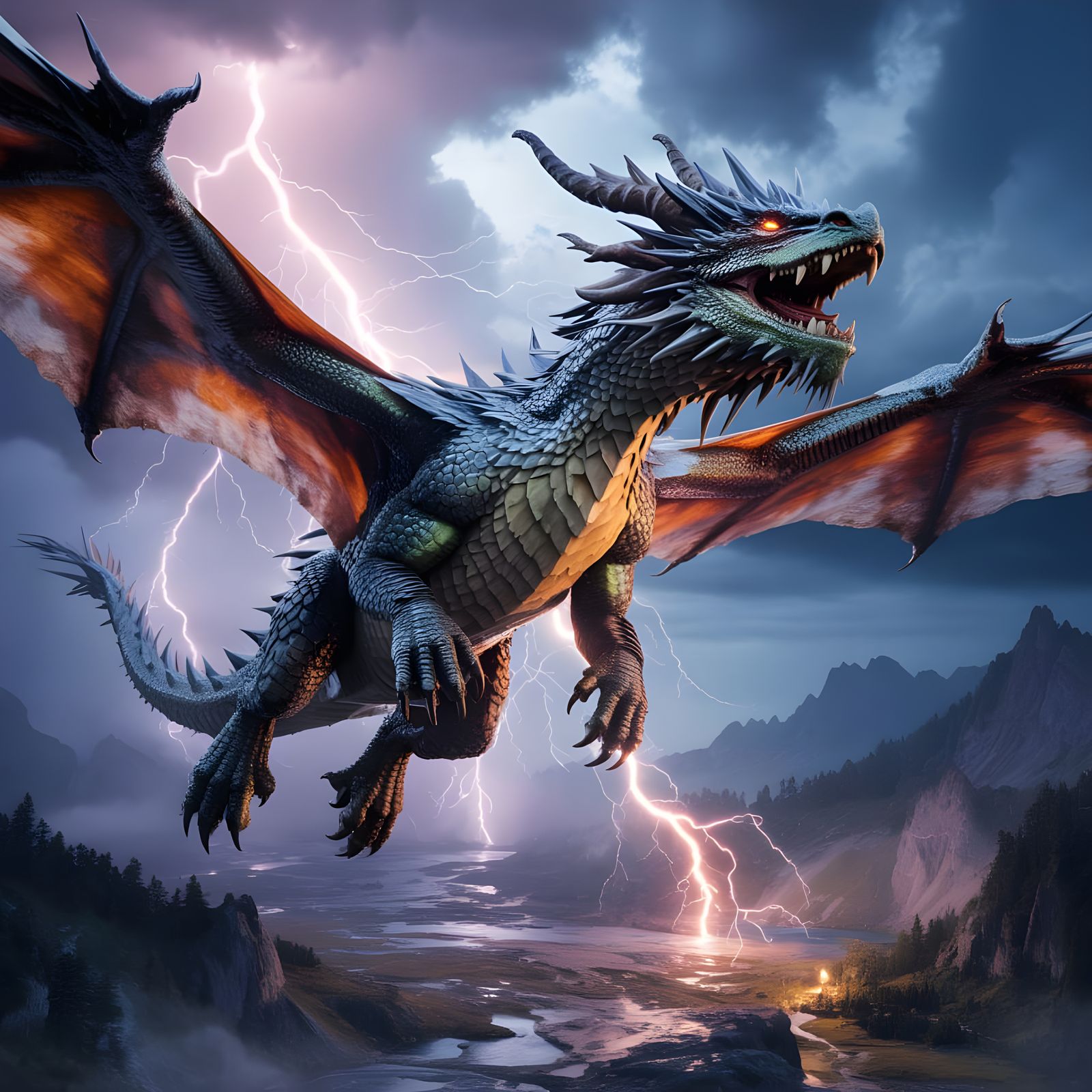 Majestic Dragon Soaring Through Stormy Sky