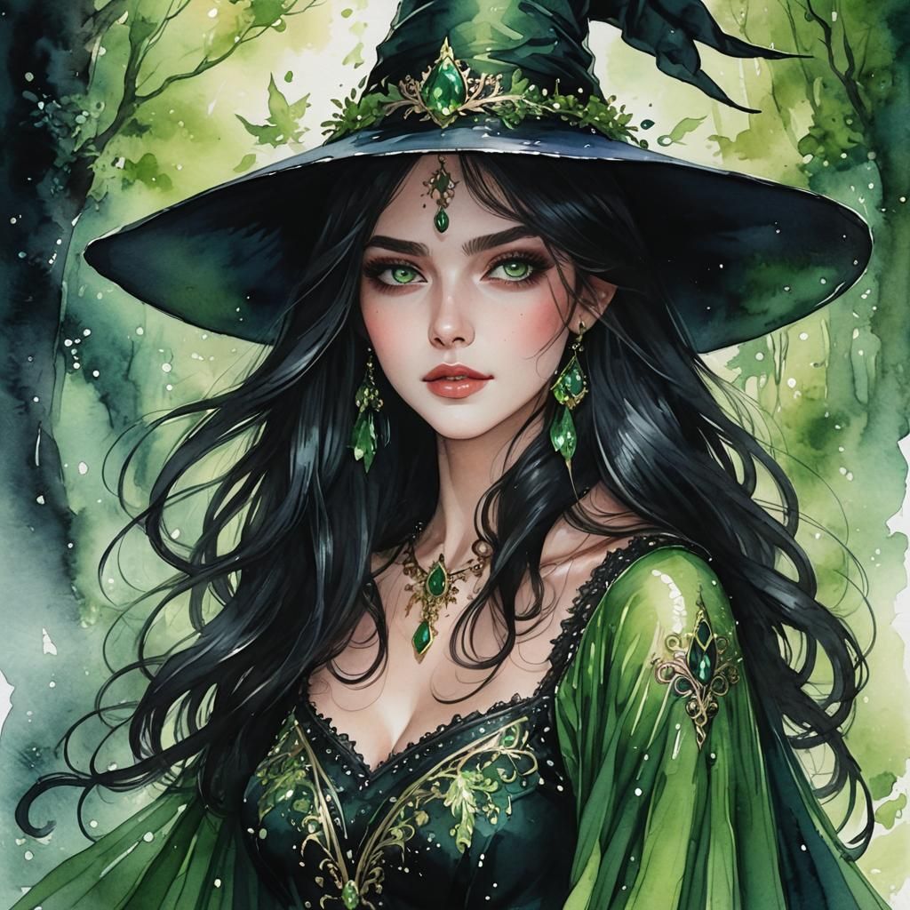 Fantasy Witch in Watercolor Style